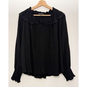 Calligraphie Women's V-Neck Black Ruffle Smocked Blouse Size L Boho 100% Rayon